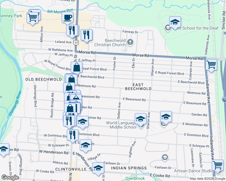 map of restaurants, bars, coffee shops, grocery stores, and more near 190 East Beaumont Road in Columbus