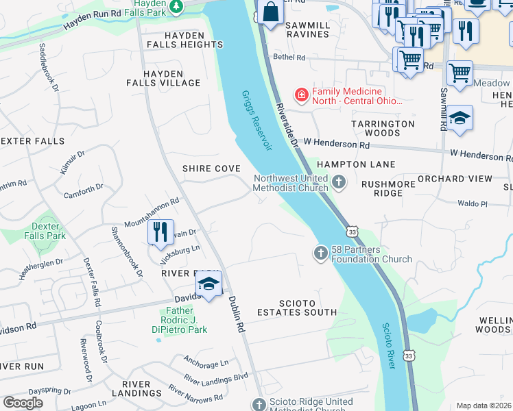 map of restaurants, bars, coffee shops, grocery stores, and more near 4165 Shire Cove Road in Hilliard