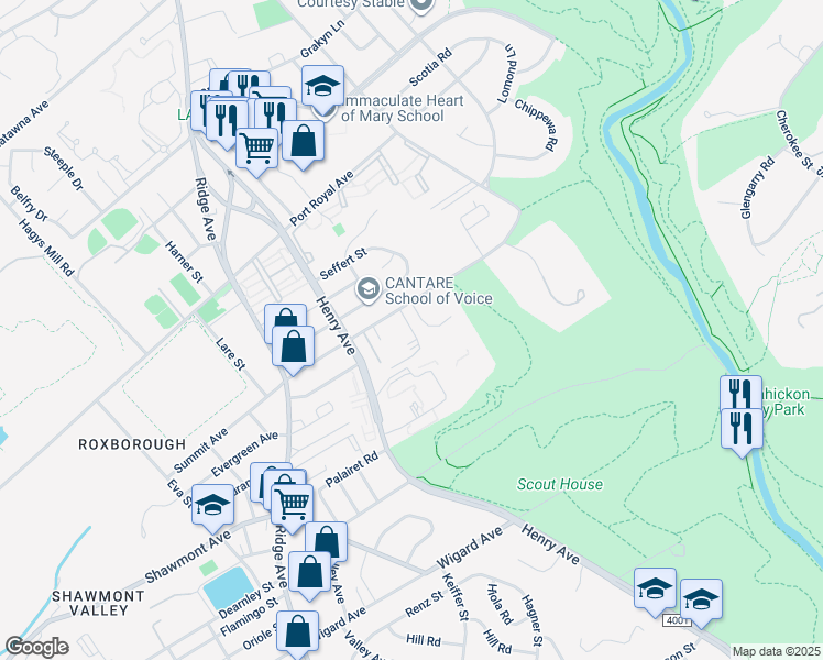 map of restaurants, bars, coffee shops, grocery stores, and more near 701 Summit Avenue in Philadelphia