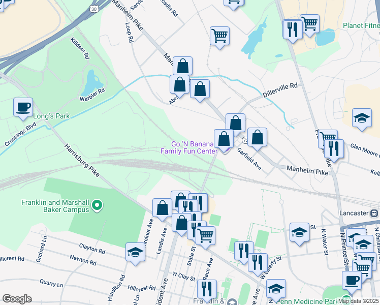 map of restaurants, bars, coffee shops, grocery stores, and more near 1068 Dillerville Road in Lancaster