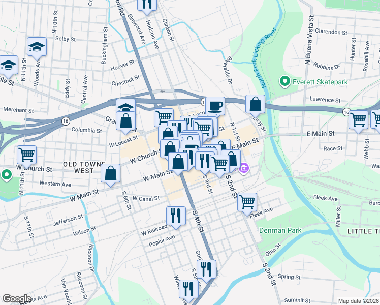 map of restaurants, bars, coffee shops, grocery stores, and more near 40 West Main Street in Newark