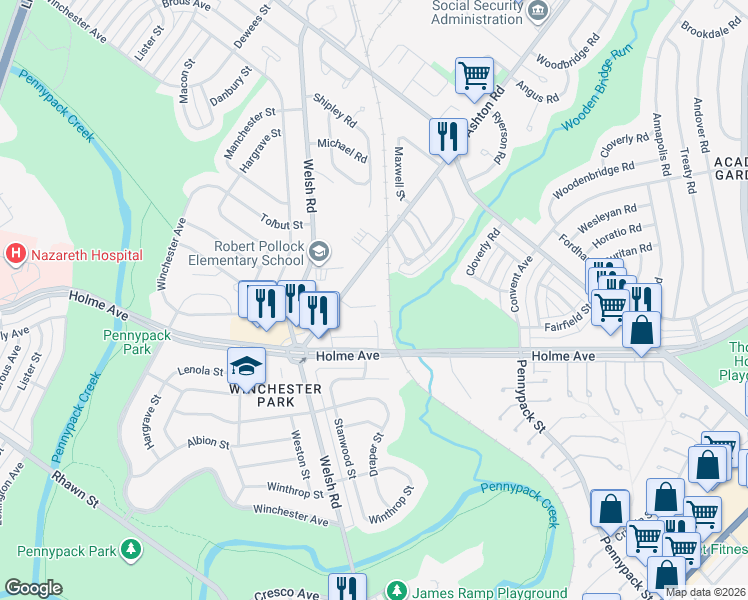 map of restaurants, bars, coffee shops, grocery stores, and more near 8922 Lewin Place in Philadelphia