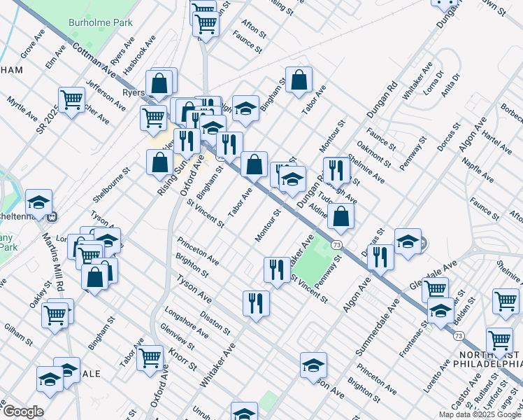 map of restaurants, bars, coffee shops, grocery stores, and more near 7247 Claridge Street in Philadelphia