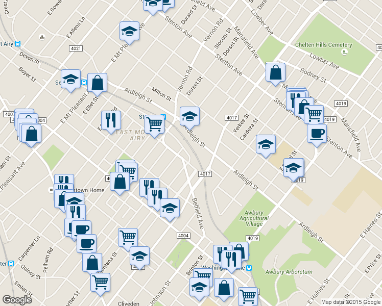 map of restaurants, bars, coffee shops, grocery stores, and more near 6613 Blakemore Street in Philadelphia