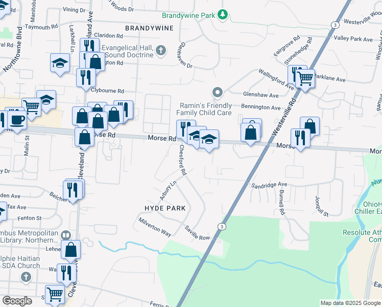 map of restaurants, bars, coffee shops, grocery stores, and more near 2835 Morse Road in Columbus