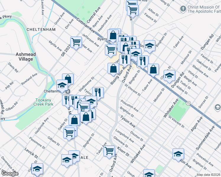 map of restaurants, bars, coffee shops, grocery stores, and more near 7023 Rising Sun Avenue in Philadelphia