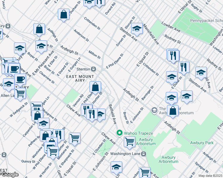 map of restaurants, bars, coffee shops, grocery stores, and more near 6613 Blakemore Street in Philadelphia