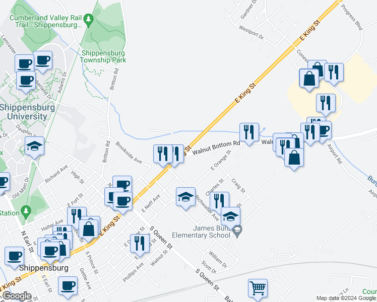 map of restaurants, bars, coffee shops, grocery stores, and more near 702 East King Street in Shippensburg