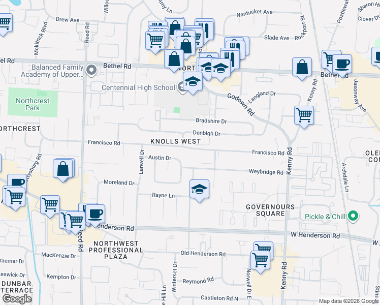 map of restaurants, bars, coffee shops, grocery stores, and more near 1441 Francisco Road in Columbus