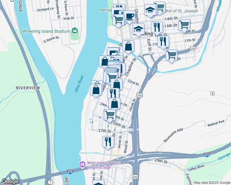 map of restaurants, bars, coffee shops, grocery stores, and more near 23rd Street in Wheeling