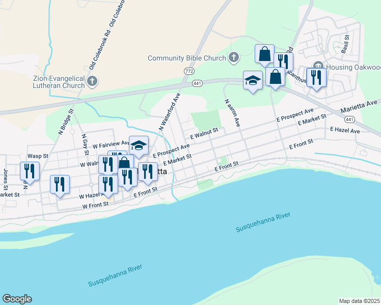 map of restaurants, bars, coffee shops, grocery stores, and more near 302 East Market Street in Marietta