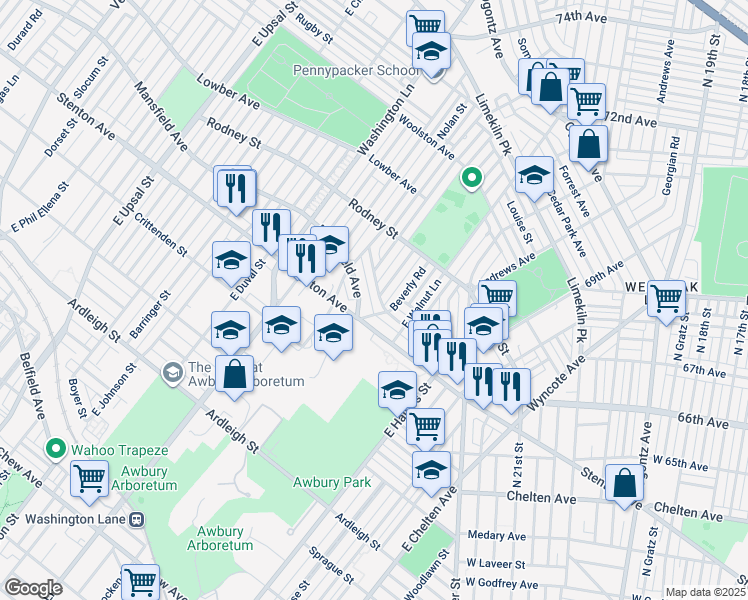 map of restaurants, bars, coffee shops, grocery stores, and more near 7216 Cornelius Street in Philadelphia