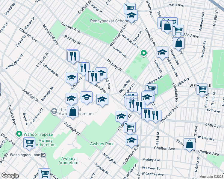 map of restaurants, bars, coffee shops, grocery stores, and more near 7221 Mansfield Avenue in Philadelphia