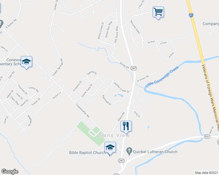 map of restaurants, bars, coffee shops, grocery stores, and more near 145 Kentwell Drive in York