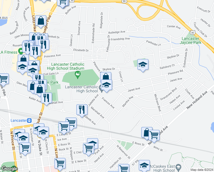 map of restaurants, bars, coffee shops, grocery stores, and more near 666 Juliette Avenue in Lancaster