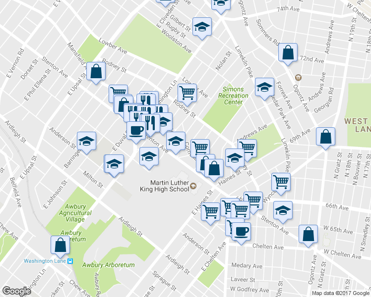 map of restaurants, bars, coffee shops, grocery stores, and more near 7216 Cornelius Street in Philadelphia