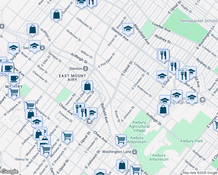 map of restaurants, bars, coffee shops, grocery stores, and more near 6613 Ardleigh Street in Philadelphia