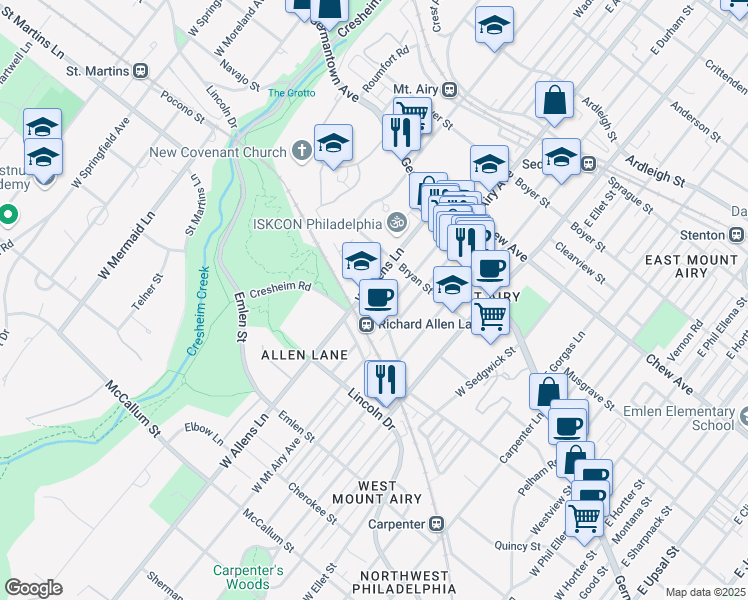 map of restaurants, bars, coffee shops, grocery stores, and more near 7300 Rural Lane in Philadelphia