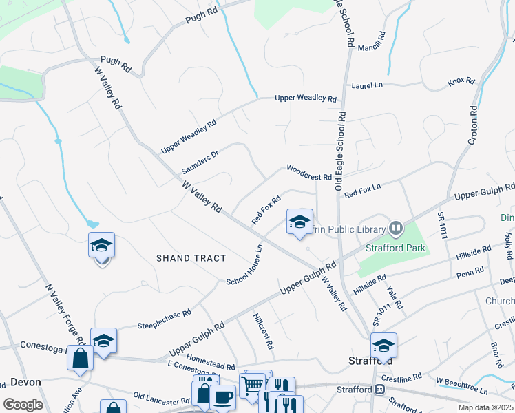 map of restaurants, bars, coffee shops, grocery stores, and more near 389 Red Fox Road in Wayne