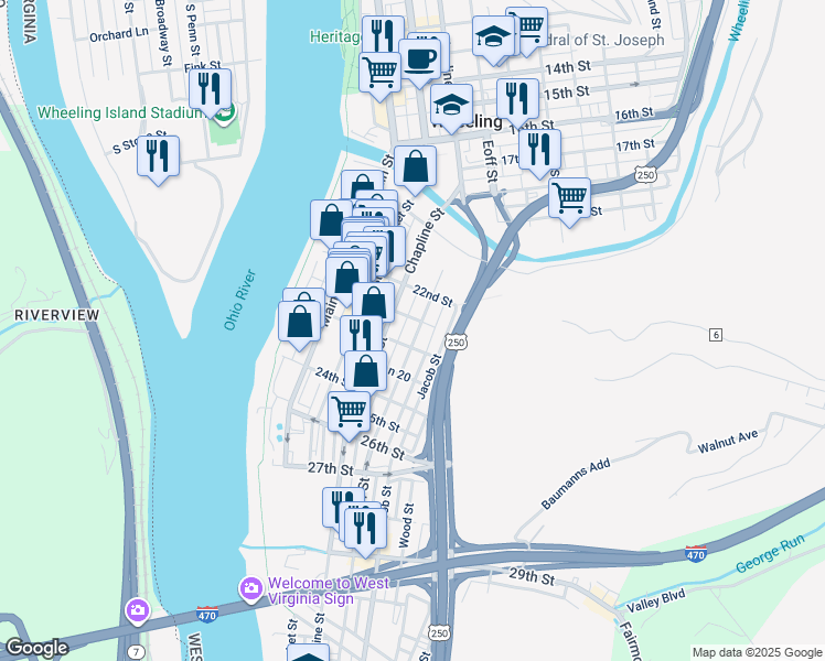 map of restaurants, bars, coffee shops, grocery stores, and more near 2225 Eoff Street in Wheeling