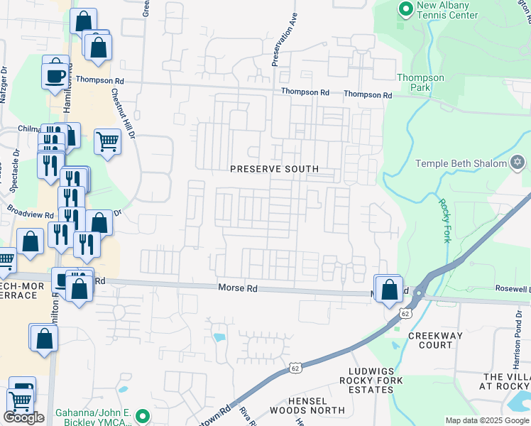 map of restaurants, bars, coffee shops, grocery stores, and more near 3855 Rubythroat Drive in Columbus