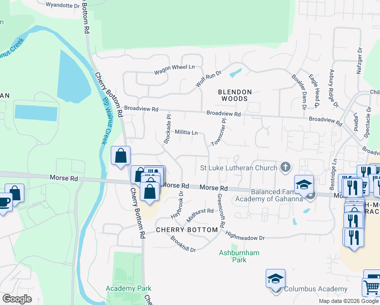 map of restaurants, bars, coffee shops, grocery stores, and more near 4088 Blue Coat Lane in Gahanna