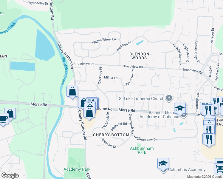 map of restaurants, bars, coffee shops, grocery stores, and more near 4088 Blue Coat Lane in Gahanna