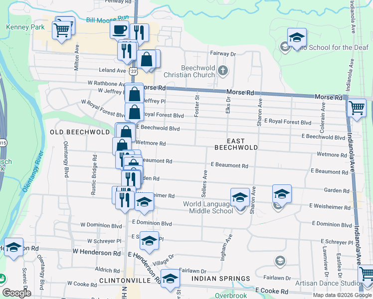 map of restaurants, bars, coffee shops, grocery stores, and more near 184 Wetmore Road in Columbus