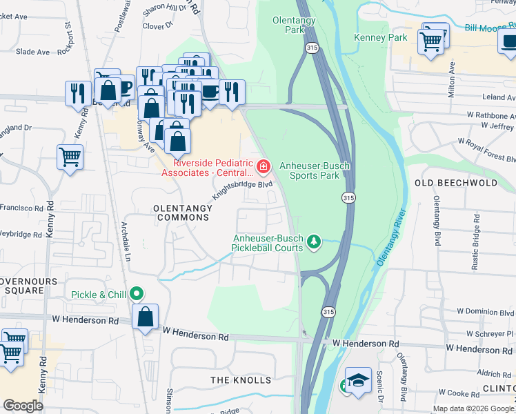 map of restaurants, bars, coffee shops, grocery stores, and more near 4830 Pennfair Street in Columbus