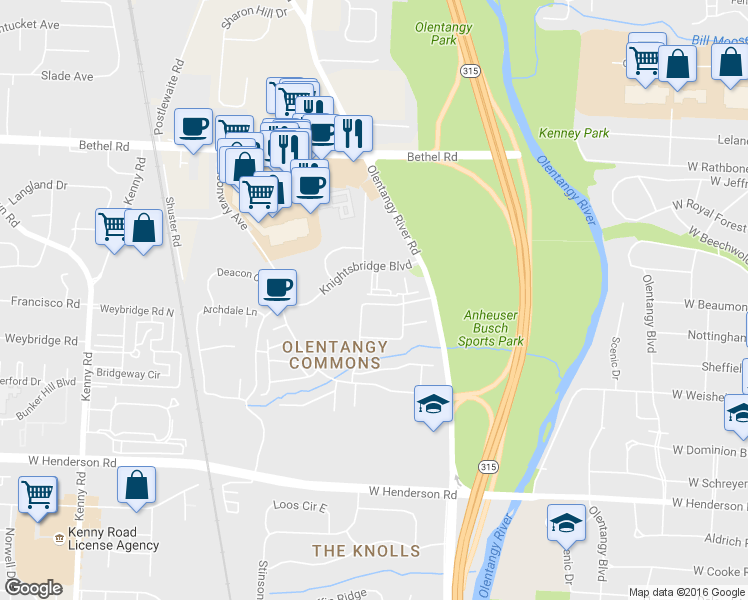 map of restaurants, bars, coffee shops, grocery stores, and more near 4830 Pennfair Street in Columbus