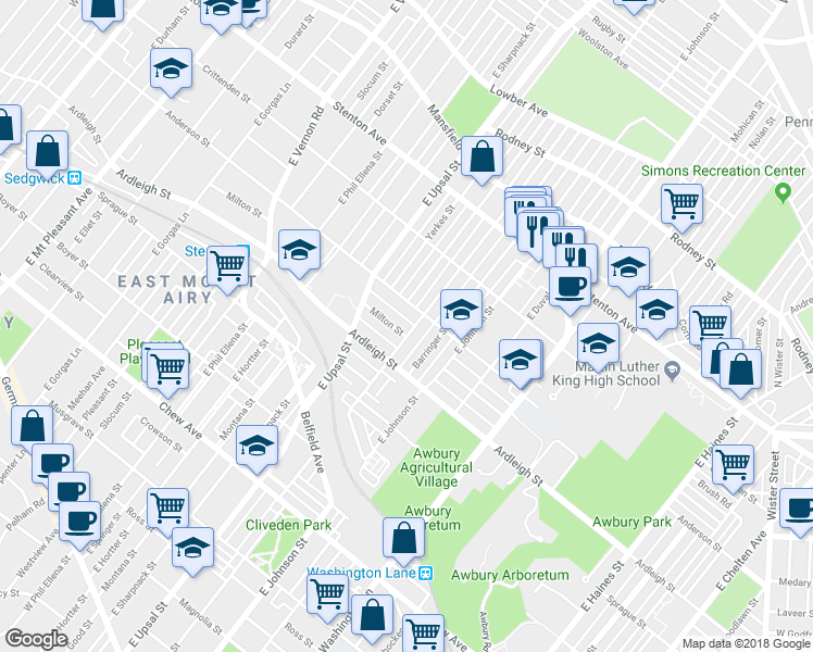map of restaurants, bars, coffee shops, grocery stores, and more near 6463 Milton Street in Philadelphia
