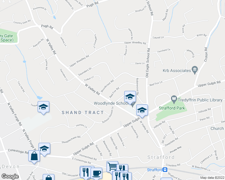 map of restaurants, bars, coffee shops, grocery stores, and more near 389 Red Fox Road in Wayne