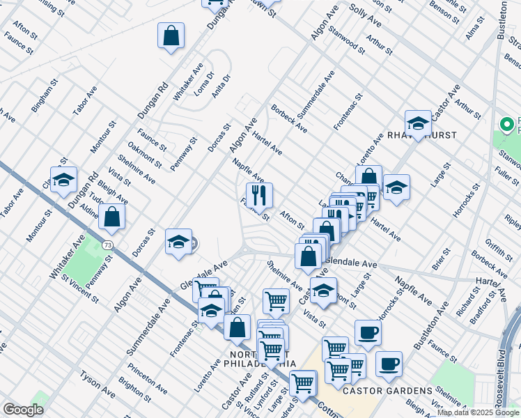 map of restaurants, bars, coffee shops, grocery stores, and more near 1725 Faunce Street in Philadelphia