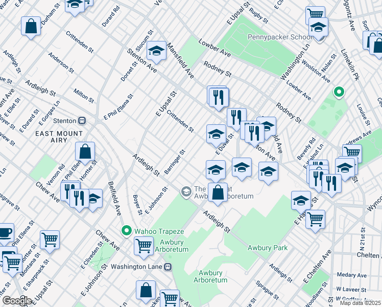 map of restaurants, bars, coffee shops, grocery stores, and more near 1211 East Johnson Street in Philadelphia