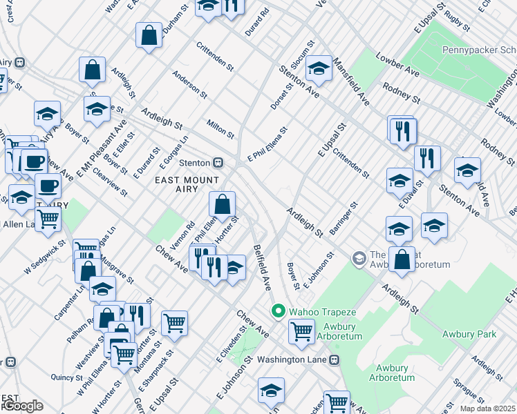 map of restaurants, bars, coffee shops, grocery stores, and more near 6615 Blakemore Street in Philadelphia