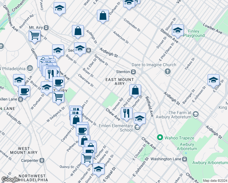 map of restaurants, bars, coffee shops, grocery stores, and more near 400 East Pleasant Street in Philadelphia