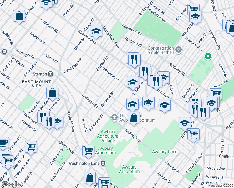 map of restaurants, bars, coffee shops, grocery stores, and more near 1211 East Johnson Street in Philadelphia