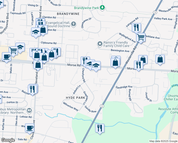 map of restaurants, bars, coffee shops, grocery stores, and more near 2835 Morse Road in Columbus