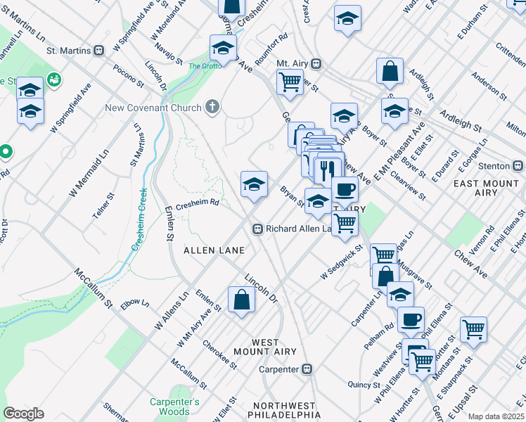 map of restaurants, bars, coffee shops, grocery stores, and more near 144 West Allens Lane in Philadelphia