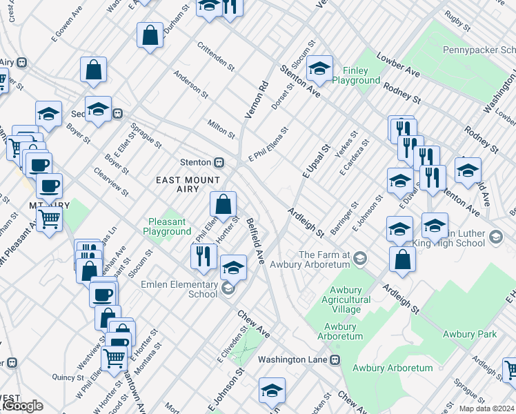 map of restaurants, bars, coffee shops, grocery stores, and more near 6615 Blakemore Street in Philadelphia