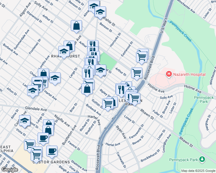 map of restaurants, bars, coffee shops, grocery stores, and more near Rhawn Street in Philadelphia
