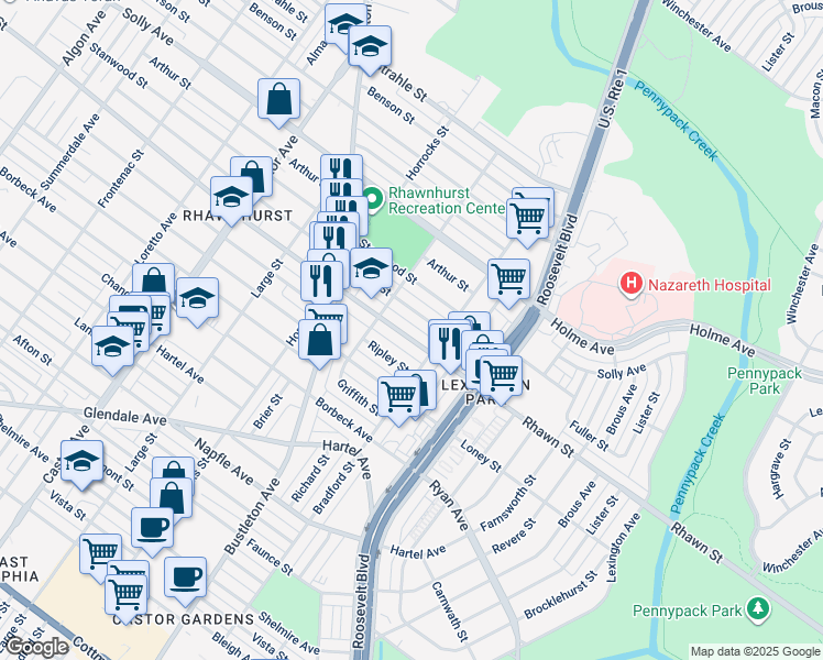 map of restaurants, bars, coffee shops, grocery stores, and more near 2321 Rhawn Street in Philadelphia