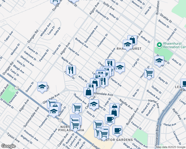 map of restaurants, bars, coffee shops, grocery stores, and more near 7712 Loretto Avenue in Philadelphia