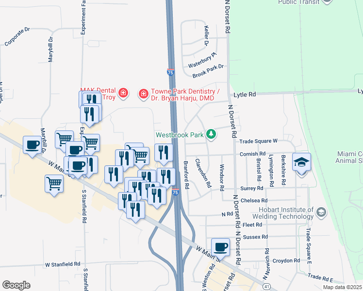 map of restaurants, bars, coffee shops, grocery stores, and more near 838 Branford Road in Troy