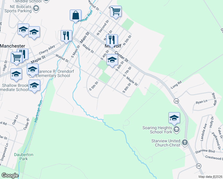 map of restaurants, bars, coffee shops, grocery stores, and more near 177 South 6th Street in Mount Wolf