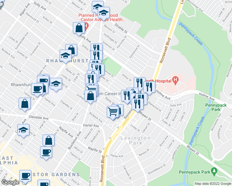 map of restaurants, bars, coffee shops, grocery stores, and more near 2321 Rhawn Street in Philadelphia