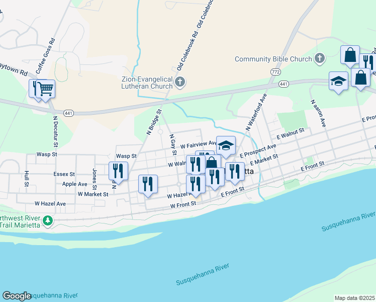 map of restaurants, bars, coffee shops, grocery stores, and more near 136 West Fairview Avenue in Marietta