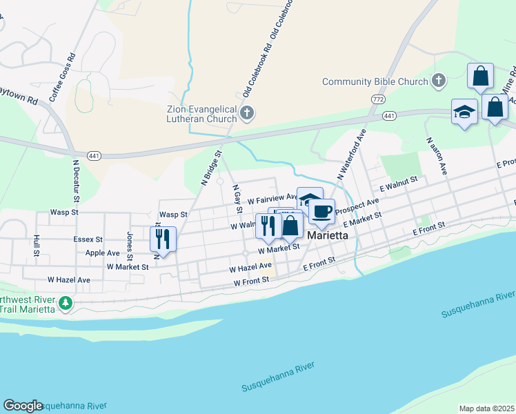 map of restaurants, bars, coffee shops, grocery stores, and more near 136 West Fairview Avenue in Marietta