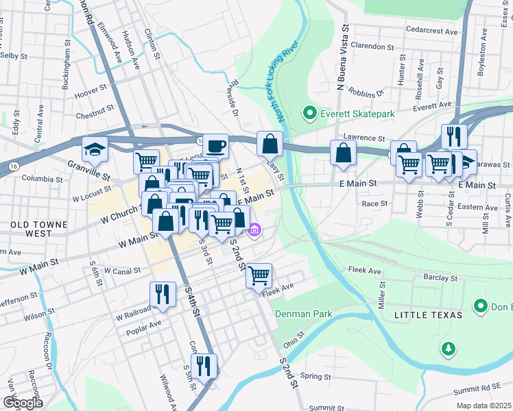 map of restaurants, bars, coffee shops, grocery stores, and more near 106 East Main Street in Newark