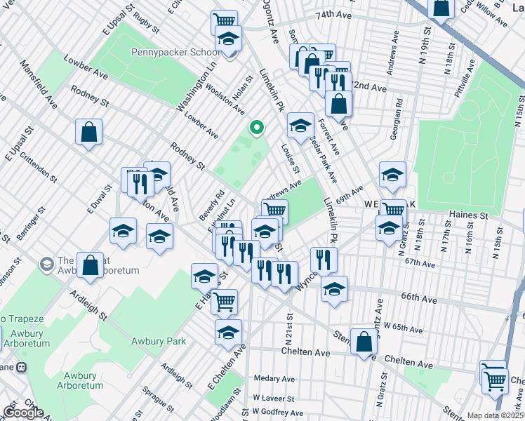 map of restaurants, bars, coffee shops, grocery stores, and more near 6967 Rodney Street in Philadelphia